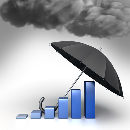 Umbrella helps protect economic chart against the bad weather. Guard against crisis. Conceptual 3d illustrationの写真素材
