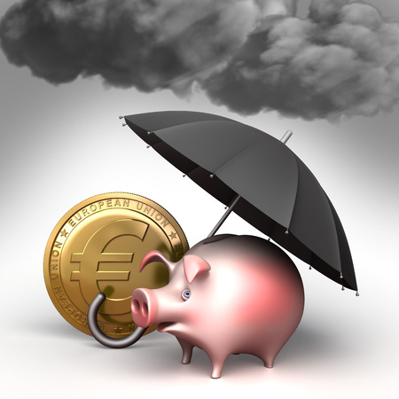Umbrella protects piggy bank,  from bad weather. Finance illustrationの写真素材
