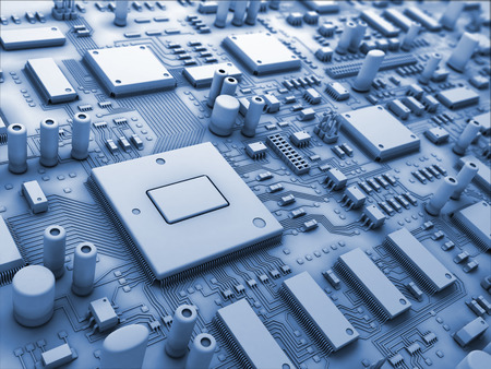 Closeup fantasy circuit board or mainboard or motherboard. Technology 3d illustrationの写真素材