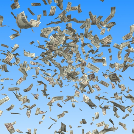 Flying and falling dollar bills on blue background. Finance 3d illustrationの写真素材