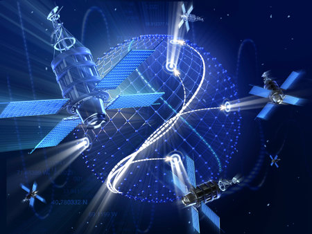 GPS or surveillance satellite system around the Earth. High technology 3d illustration.の写真素材
