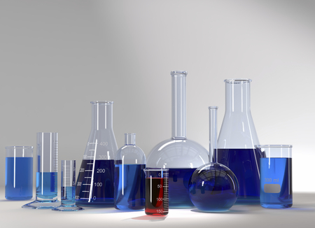 Test-tubes at laboratory with blue  and red chemical liquidの写真素材