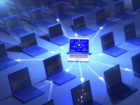 Social or business network of many laptops in blue colors.  Conceptual technology 3d illustration