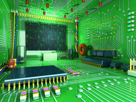 Fantasy digital room. Futuristic home inside. All in the interior made of electronic components. Conceptual high technology 3d illustration