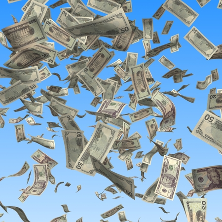 Flying and falling dollars banknotes on blue background. Finance 3d illustrationの写真素材