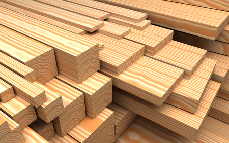 Closeup wooden boards at warehouse. Industrial 3d Illustration about construction materialsの写真素材