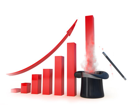 Metaphorical  business chart with a magic help going up. Conceptual 3d illustrationの写真素材