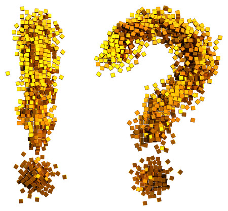 Glamour  question mark, exclamation mark made of gold cubes. Clipping path added.の写真素材