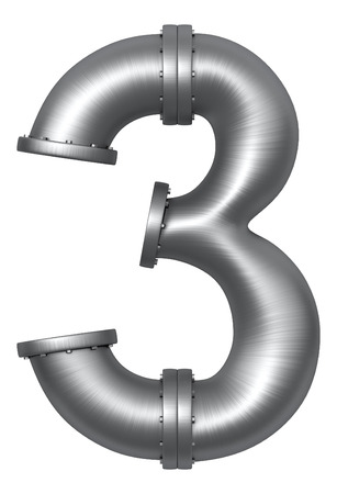 Metallic stainless alphabet. Industrial number 3 made of pipes. Added clipping pathの写真素材