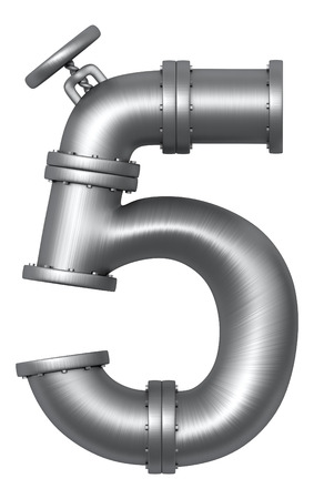 Metallic stainless alphabet. Industrial number 5 made of pipes. Added clipping pathの写真素材