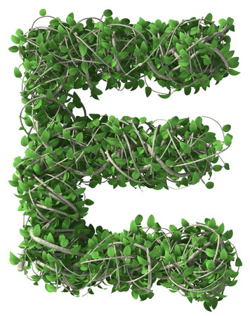 Green alphabet made of trees and leafs. Seasonal summer letter eの写真素材