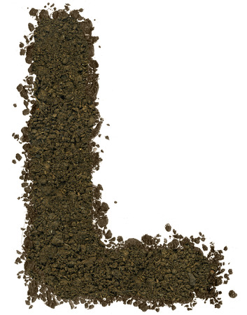 Alphabet made of brown soil on white background. High sharp and detail. Letter Lの写真素材