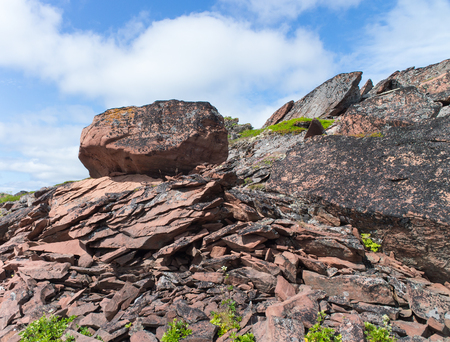 Large lichen boulder on a rocky slopeの写真素材