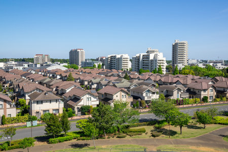 a residential area with a lush park nearbyの写真素材