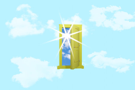 Illustration of an open door against a blue sky with cloudsの写真素材