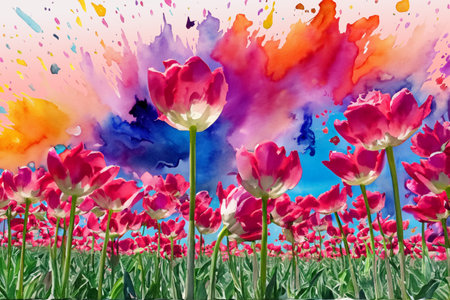 Tulips in the field with colorful watercolor splashes.の写真素材