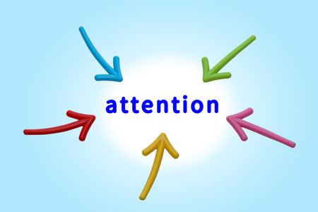 The word "attention" is depicted with multiple arrows drawing attention to it.の写真素材