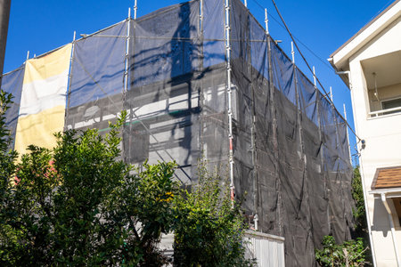 Exterior wall painting work. Scaffolding, Renovate housing construction.