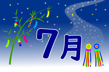 Illustration of bamboo leaves and the Milky Way, representing Julyの写真素材