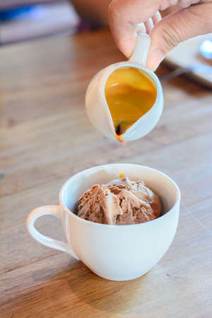affogato and ice cream on wood tableの写真素材