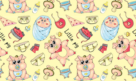 . Little pigs in different poses. Clean and mud. Flat vector illustration isolated on white background.の写真素材