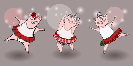 Three funny cute pigs are in a beautiful dresses and pointe shoes dancing ballet.のイラスト素材
