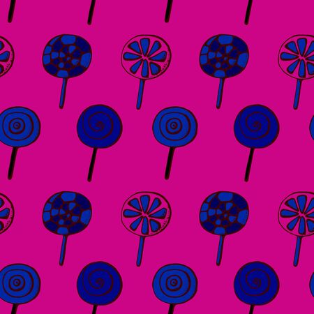 Colorful lollipops on pastel background in flat style design. Seamless background with cute candy.のイラスト素材