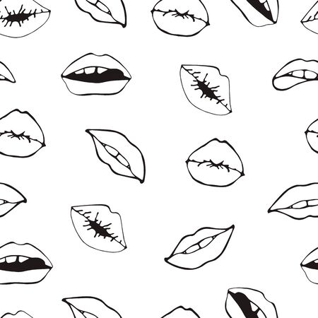 Cosmetics and makeup seamless pattern. Closeup beautiful lips of woman with red lipstick. Sexy lip make-up. Open mouth. Sweet kiss. Seamless pattern in pop styleのイラスト素材