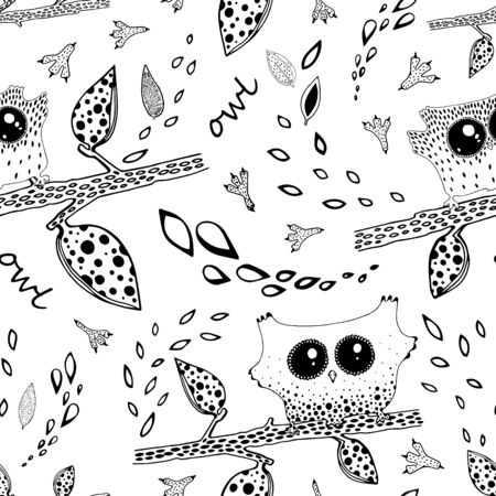 Bright spring seamless pattern in pastel colors. Cute owls on branches in butterflies and flowers in vector. Seamless pattern can be used for wallpapers, web page backgrounds,surface texturesのイラスト素材