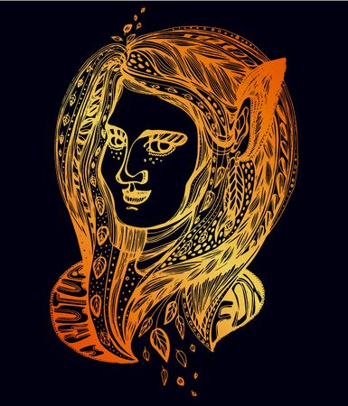 Monster girl. Young elf magic woman with long ears and two color plit hair blown by the wind. Alchemy, tattoo art, t-shirt design, adult coloring book page. Isolated vector. Pagan goddess.のイラスト素材