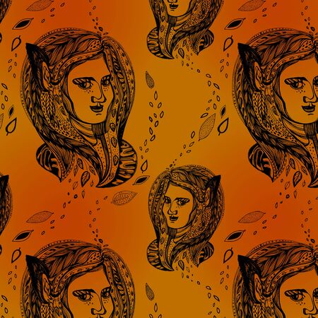 cute girl portrait seamless vector pattern. Space buns, braided hairs, braids. Hand drawn fashion background, beauty shop, barbershop salon template.のイラスト素材