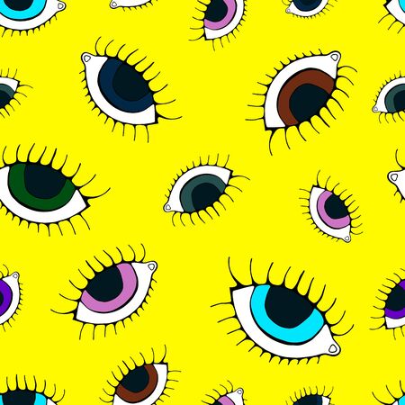 Eye seamless pattern. Vector hand drawn wink, open, close eyes with lash background, isolated on whiteのイラスト素材