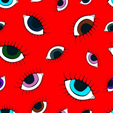 Eye seamless pattern. Vector hand drawn wink, open, close eyes with lash background, isolated on whiteのイラスト素材