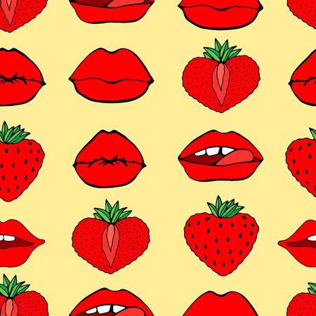 Hand drawn Seamless pattern symbol female. Comic style. Kiss lips and strawberry. Vector surface design isolatedのイラスト素材