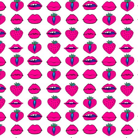Hand drawn Seamless pattern symbol female. Comic style. Kiss lips and strawberry. Vector surface design isolatedのイラスト素材