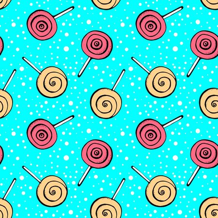 Colorful lollipops on pastel background in flat style design. Seamless background with cute candy.のイラスト素材
