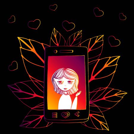 Vector cartoon illustration of Happy young woman talking on the phone with speech bubble. Isolated object on black background. leaves, heart, gradient of orange, pink, purpleのイラスト素材