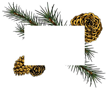 Framework with pine branches, cones, needles, decorative twigs and leaves on white background, hand digital draw, watercolor style, decorative botanical illustration for design, Christmas tree, vectorのイラスト素材