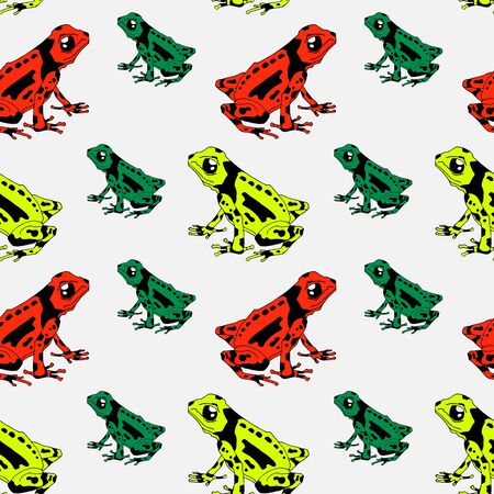 A pattern with poisonous frogs. Seamless pattern. Bright summer pattern. Drawing by hand. Lovely frogs of bright colors. multicolored pattern. Tropical frogs. White backgroundのイラスト素材