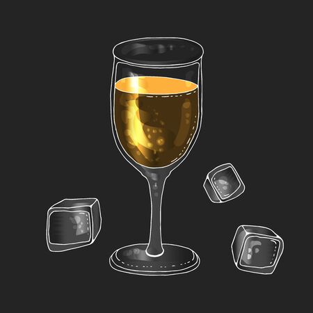 glass vector line icon, sign, illustration on background, editable strokes. alcohol glass for . wine glass conical shape. one line. simplified style, stylization, simple style. glass goblet. capacity for alcohol. white background, black line. three pieces of ice for cocktailsesのイラスト素材