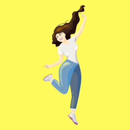 a young cheerful woman. the girl jumps, happily throws her hands in different directions, one leg is bent, hair dynamically develops. The blonde brunette smiles broadly. happy woman in blue jeans and a white T-shirt.のイラスト素材