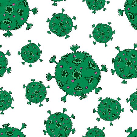 Coronavirus disease COVID-19 infection medical isolated. pathogen respiratory influenza covid virus cells. New official name for Coronavirus disease named COVID-19, vector illustration. Flat style. a simple linear drawing. Hand-drawn. Vector image on a white background. Seamless pattern.のイラスト素材