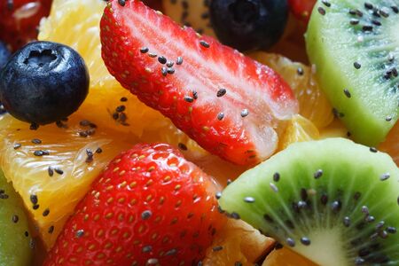 Healthy fresh fruit and chia seed salad close-up.の写真素材