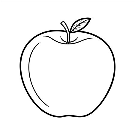 A minimalist black and white illustration of an apple perfect for coloring books and educational resources The simple outline showcases the fruits shape and details like the leaf and stem It can be used in various projects like educational material childrens books or graphic design projects The clean lines and clear design make it easily adaptable for both digital and print media allowing creative freedom for designers and artistsのイラスト素材