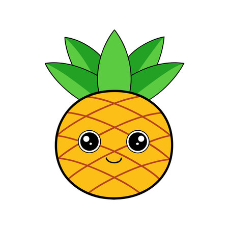 This image showcases a vibrant and adorable cartoon pineapple illustration The pineapple is designed with kawaii eyes and a charming smile giving it a friendly and inviting appearance Its body features a crosshatch pattern in a pleasing shade of yellow while the leaves sprouting from the top are a fresh vibrant green The clean lines and bold colors make it ideal for various creative projects childrens books educational materials and playful designs that need a touch of tropical cuteness and positive energyのイラスト素材