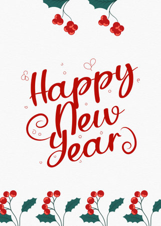 This eye catching design features a vibrant red handwritten style Happy New Year message perfect for festive greetings cards social media posts or digital banners The design is adorned with stylized holly leaves and clusters of bright red berries creating a cheerful and welcoming atmosphere The composition is clean and balanced ideal for conveying warm holiday wishes and celebrating the New Year with style and elegance The minimalist background ensures the message remains the focal pointのイラスト素材