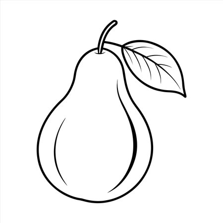This is an illustration of a pear with a single leaf attached to its stem The pear and leaf are drawn with black outlines on a plain white background The illustration is simple and clean making it great for different design and educational purposes It would be appropriate for coloring pages illustrations for books designs for textiles or any project where a basic image of a pear is needed The image is highly versatile due to its minimalistic aestheticのイラスト素材