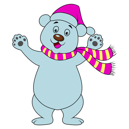 This delightful cartoon illustration showcases a charming light blue bear wearing a festive pink hat and a matching scarf with pink and yellow stripes The adorable bear is depicted waving with both paws creating a cheerful and inviting atmosphere The image is set against a clean white background emphasizing the vibrancy of the bears colors and the clarity of the design The bears endearing expression bright eyes and playful pose make it perfect for various creative projects This illustration is ideal for childrens books greeting cards educational materials and any project that needs a touch of whimsy and joy The bright and cheerful colors combined with the adorable character design make this image a standout choice for designers and content creators looking to add a bit of fun to their workのイラスト素材