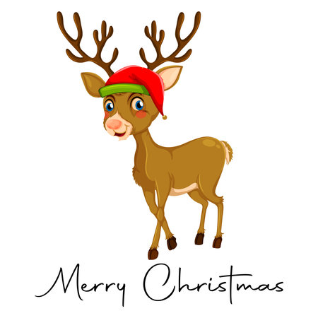 This delightful image features a cute cartoon reindeer adorned with a festive red and green Christmas hat standing gracefully against a clean white background The reindeers warm brown fur and charming blue eyes create an inviting and cheerful atmosphere perfectly embodying the spirit of the holiday season The elegant script Merry Christmas adds a touch of sophistication to the design making it ideal for greeting cards social media posts and various festive projects The reindeers antlers are artfully designed complementing its playful expression and adding to its overall appeal This image is perfect for spreading holiday cheer and bringing a touch of whimsy to any design or project from childrens books to marketing materials Its a versatile and heartwarming image that captures the joy and magic of Christmas guaranteed to bring smiles and festive feelings to all who see itのイラスト素材
