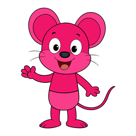 A cartoon illustration of a friendly pink mouse character standing upright and waving The mouse has large round ears big eyes a small black nose and a cheerful smile Its body is a lighter shade of pink and outlined in black The mouse is waving its left hand and appears to be greeting the viewer The background is a clean white which helps to highlight the character and make it pop This image would be suitable for use in childrens books educational materials or as a design element for a website or app targeted towards kids Its vibrant colors and simple shapes make it appealing and easy to recognize The mouses friendly expression contributes to a welcoming and positive vibe It could also be used for greeting cards or invitations or as part of a larger composition featuring other cartoon characters The design is clean with clear lines and solid colors giving it a modern and playful feel The characters pose and expression are engaging and invite interaction Overall this is a wellexecuted illustration of a cute and friendly cartoon mouse characterのイラスト素材
